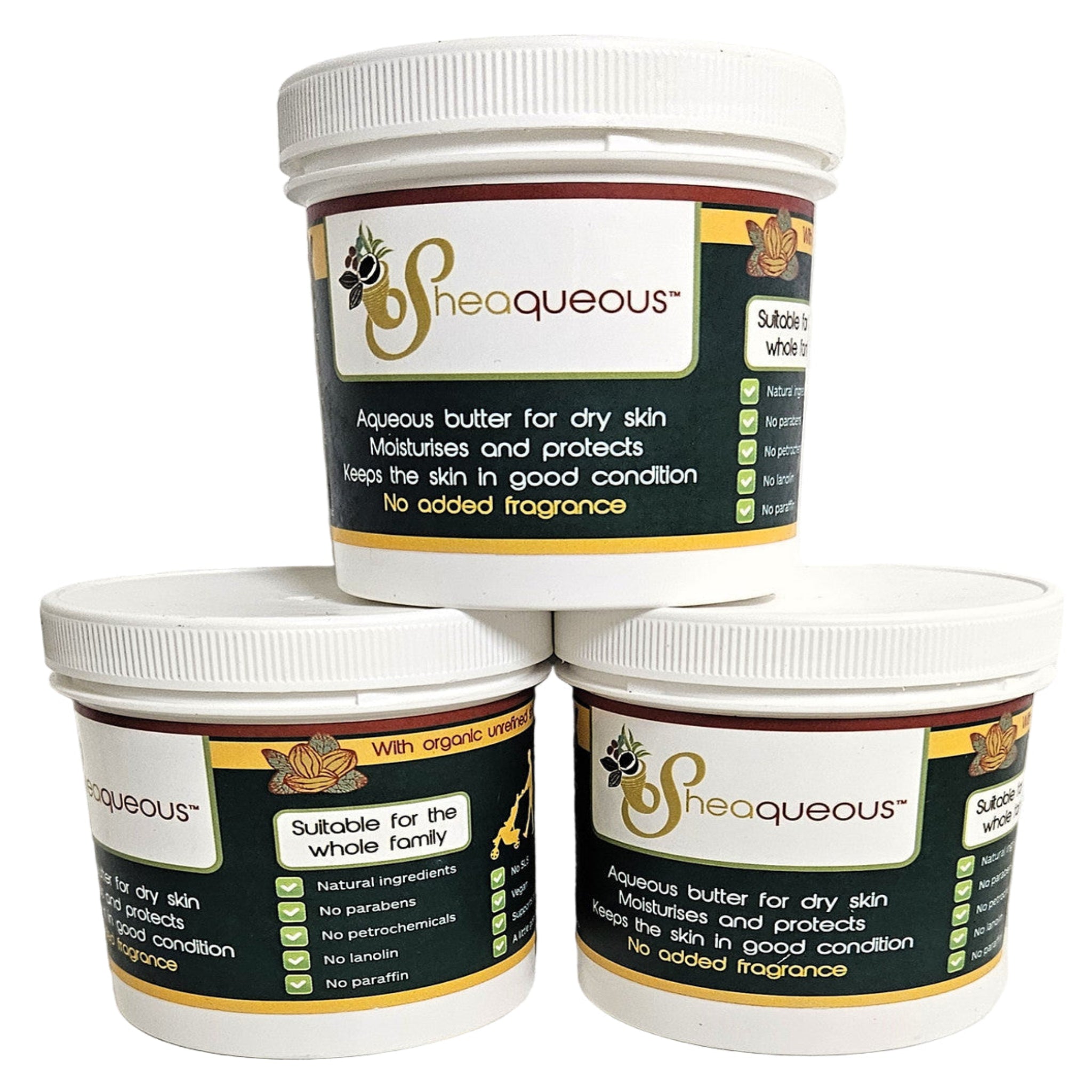 Three containers of sheaqueous product on a white background