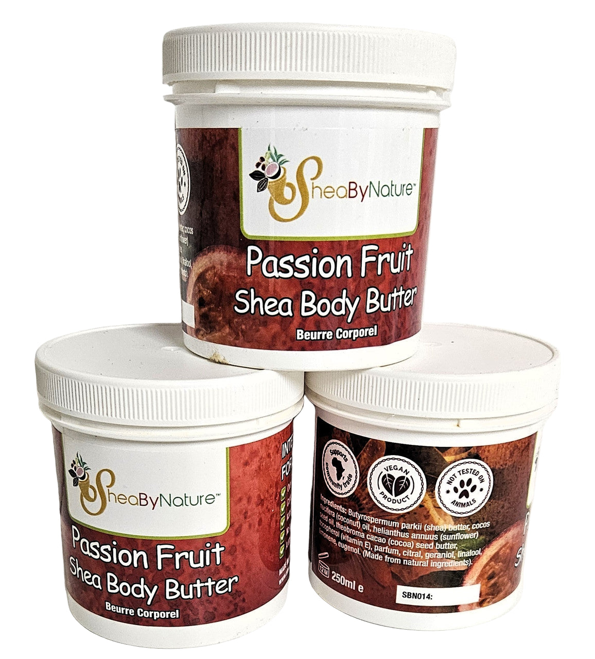 3 pots of passion fruit body butters from sheabynature skincare.