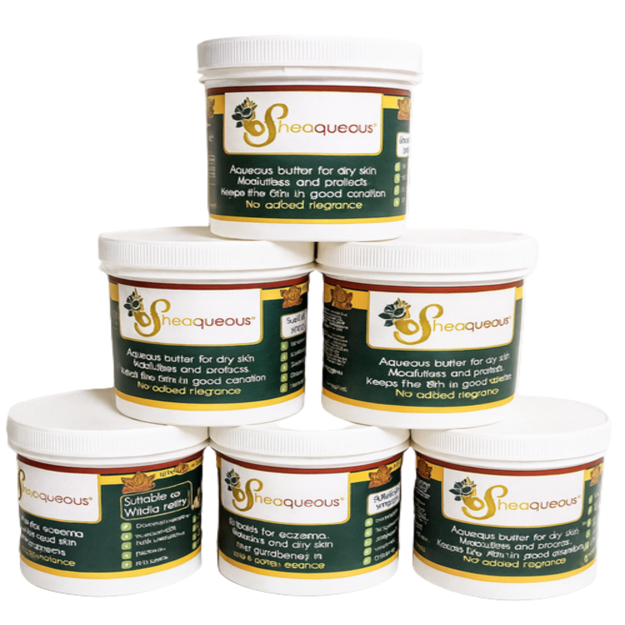 Stack of white containers with 'Sheaqueous' branding on a white background