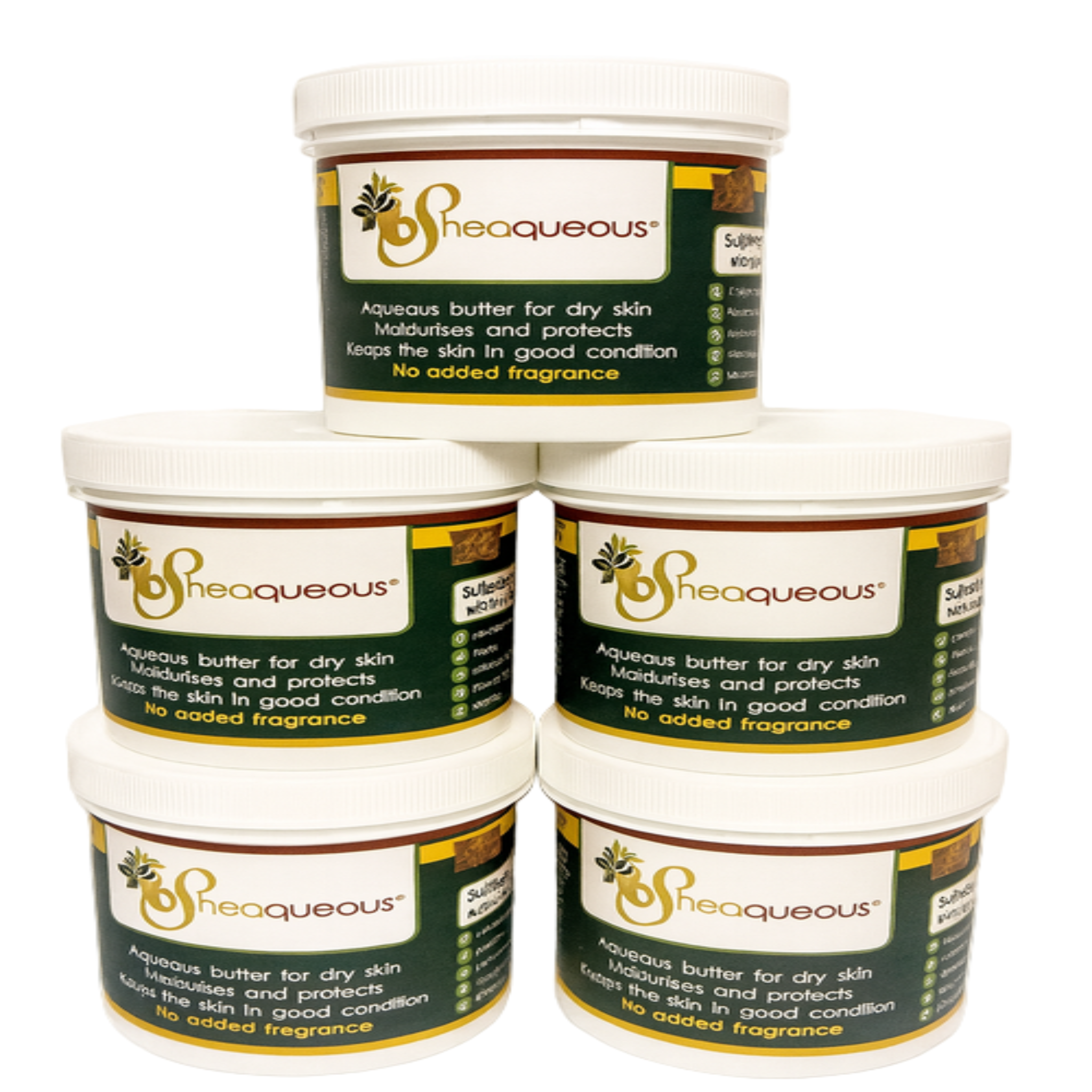Stack of white containers with 'Sheaqueous' branding on a white background