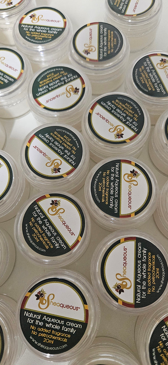 20ml Sheaqueous Body Lotion  with Organic Shea Butter, Almond Oil, cocoa butter, vitamin E. A natural aqueous butter for very dry skin, No added  Fragrance, for Sensitive Skin, Babies, Children, Eczema prone skin