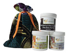 A gift set of Wild Blackberry body butter, Cedarwood Patchouli Body butter,  Mango Lime shea body butter, in a jute bag