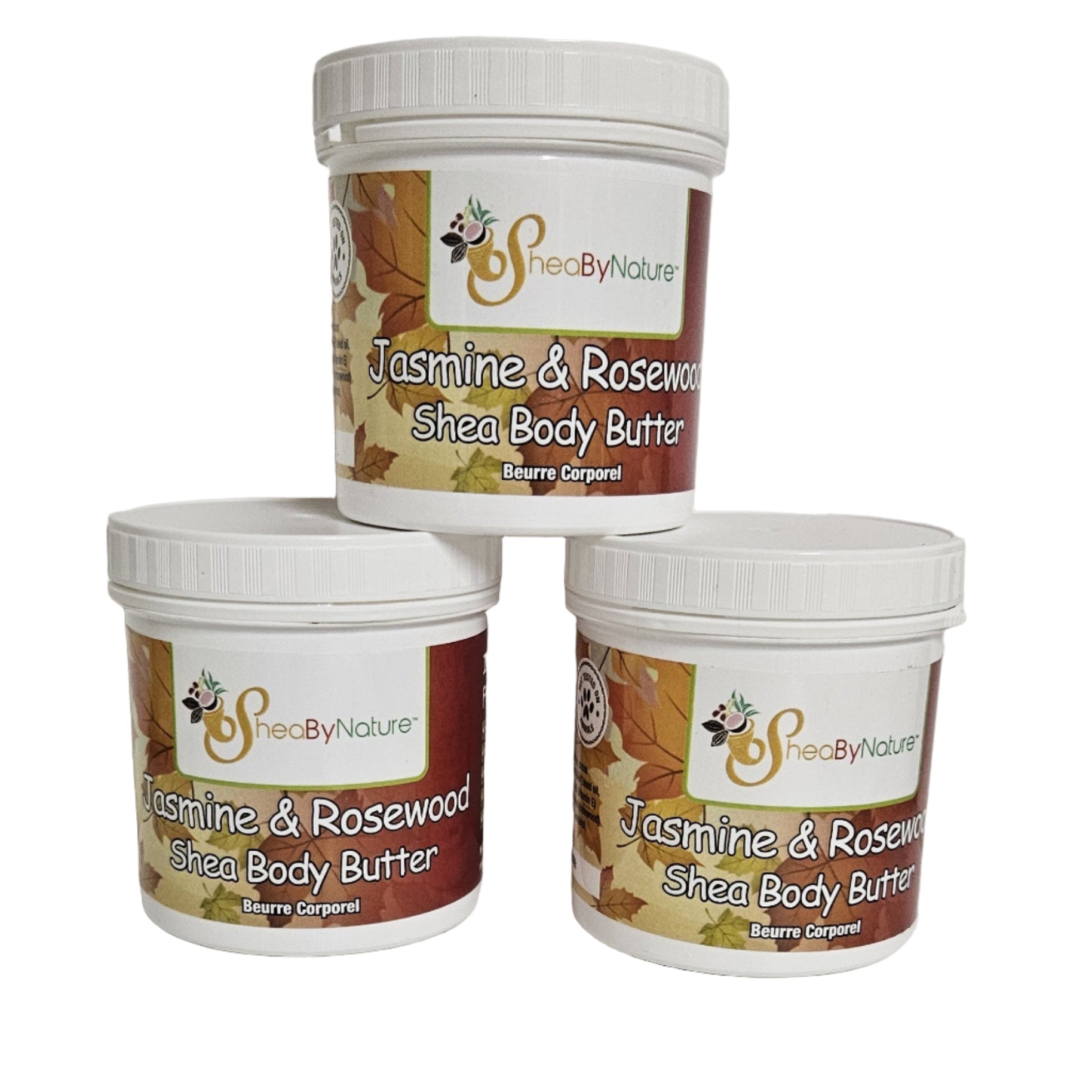 Three containers of Jasmine & Rosewood Shea Body Butter by Shea By Nature on a white background