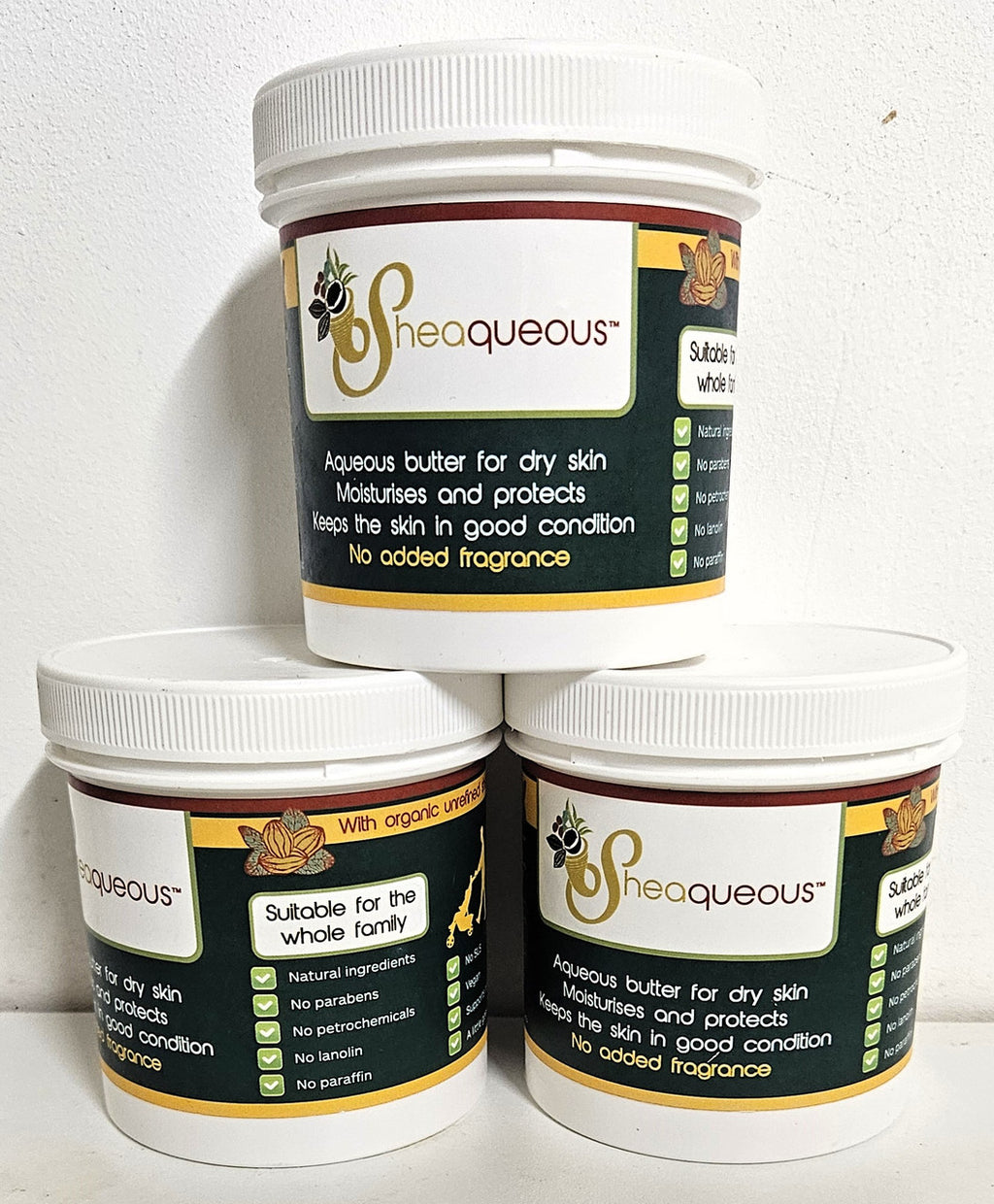 3 Pots of Sheaqueous Aqueous Cream with Organic Shea Butter, Almond Oil, cocoa butter, vitamin E. A natural aqueous cream for very dry skin, for Sensitive Skin, Children, Eczema prone skin , Use in Pregnancy for expanding tummy NO ADDED FRAGRANCE