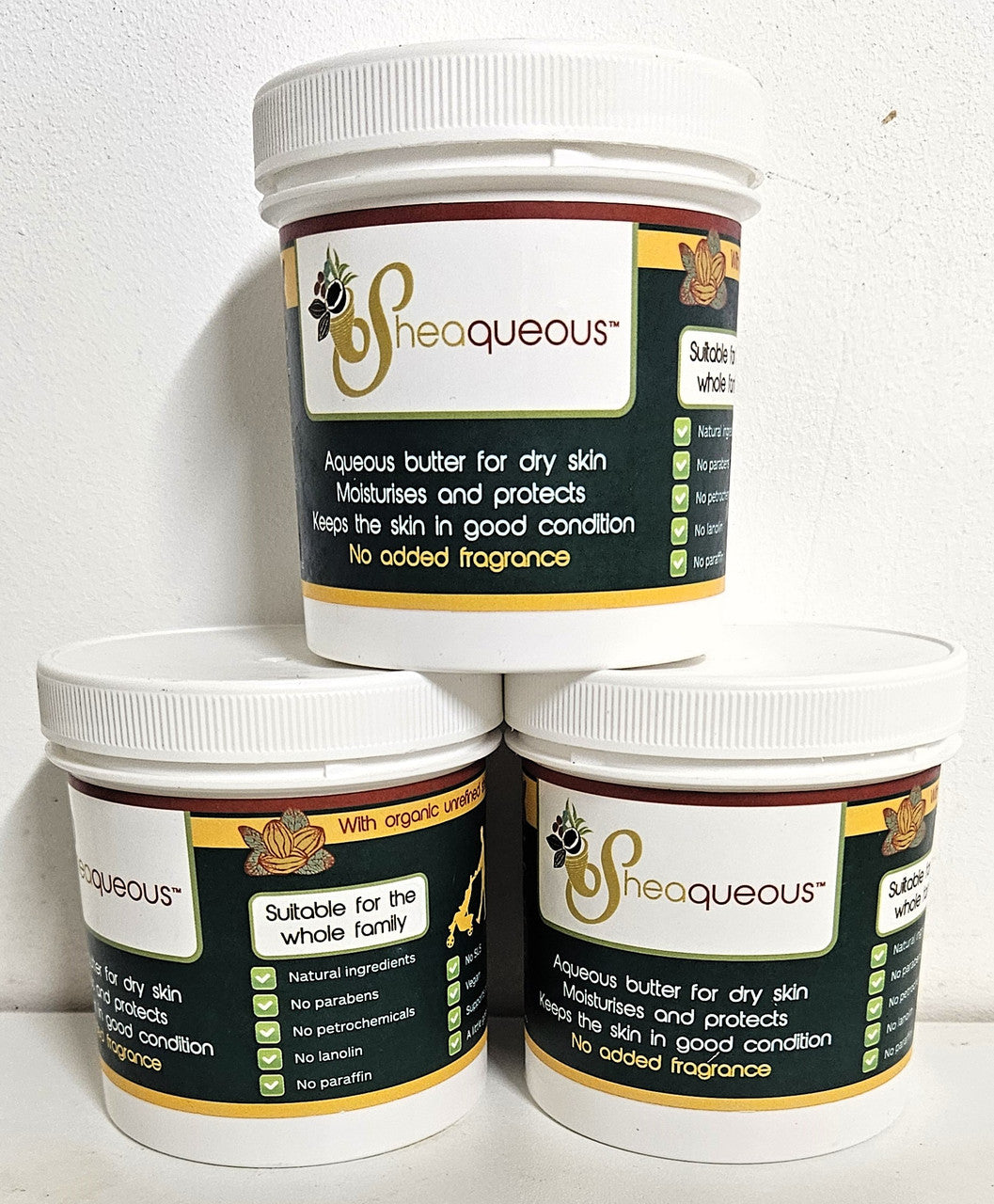 3 Pots of Sheaqueous Aqueous Cream with Organic Shea Butter, Almond Oil, cocoa butter, vitamin E. A natural aqueous cream for very dry skin, for Sensitive Skin, Children, Eczema prone skin , Use in Pregnancy for expanding tummy NO ADDED FRAGRANCE