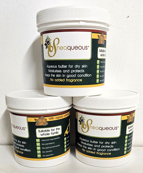 3 Pots of Sheaqueous Aqueous Cream with Organic Shea Butter, Almond Oil, cocoa butter, vitamin E. A natural aqueous cream for very dry skin, for Sensitive Skin, Children, Eczema prone skin , Use in Pregnancy for expanding tummy NO ADDED FRAGRANCE
