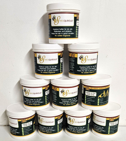 10  Pots of Sheaqueous Aqueous Cream with Organic Shea Butter, Almond Oil, cocoa butter, vitamin E. A natural aqueous cream for very dry skin, for Sensitive Skin, Children, Eczema prone skin , Use in Pregnancy for expanding tummy NO ADDED FRAGRANCE
