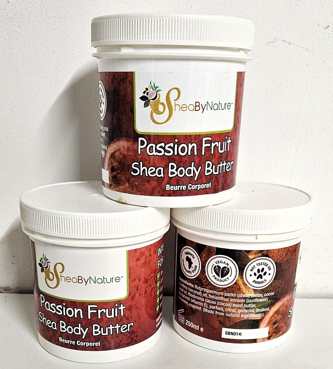 3 pots of passion fruit body butters from sheabynature skincare.