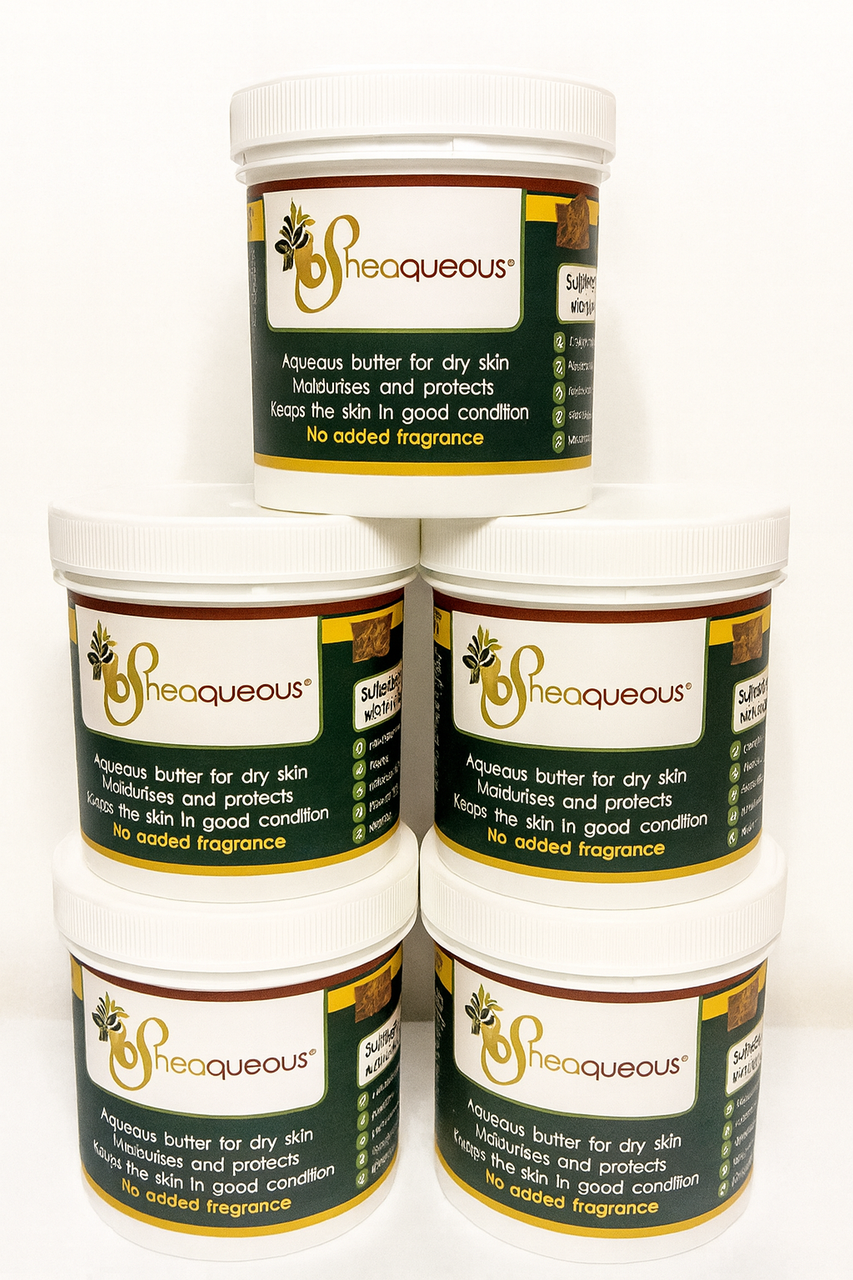 5 Pots of Sheaqueous Aqueous Cream with Organic Shea Butter, Almond Oil, cocoa butter, vitamin E. A natural aqueous cream for very dry skin, for Sensitive Skin, Children, Eczema prone skin , Use in Pregnancy for expanding tummy NO ADDED FRAGRANCE