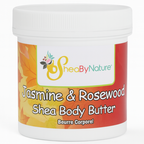 Jar of Jasmine & Rosewood Shea Body Butter with 'Shea By Nature' label on a white background