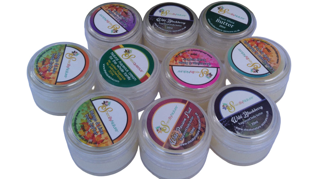 SheaByNature Shea Body Care Sample Collection – 12 Natural Body Butter & Cream Minis in African Fabric Gift Bag
